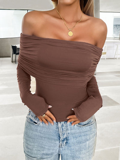 Explore More Collection - Ruched Off-Shoulder Long Sleeve T-Shirt