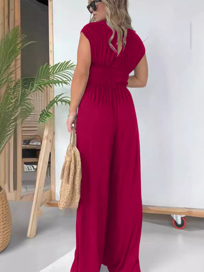 Explore More Collection - Smocked Cap Sleeve Wide Leg Jumpsuit