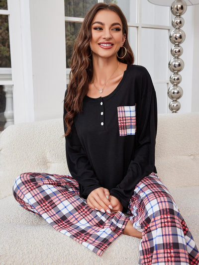 Explore More Collection - Round Neck Long Sleeve Top and Plaid Pants Lounge Set