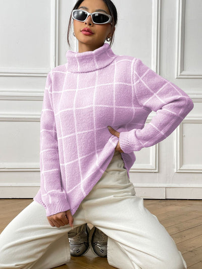 Explore More Collection - Plaid Turtleneck Long Sleeve Sweater