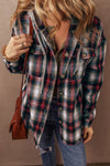 Explore More Collection - Drawstring Plaid Button Up Hooded Shacket