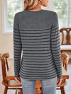 Explore More Collection - Quarter Button Striped Round Neck Long Sleeve T-Shirt