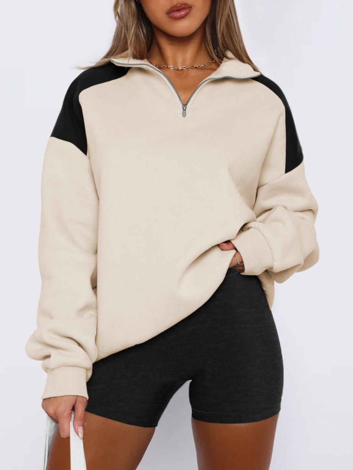 Explore More Collection - Contrast Quarter Zip Long Sleeve Sweatshirt