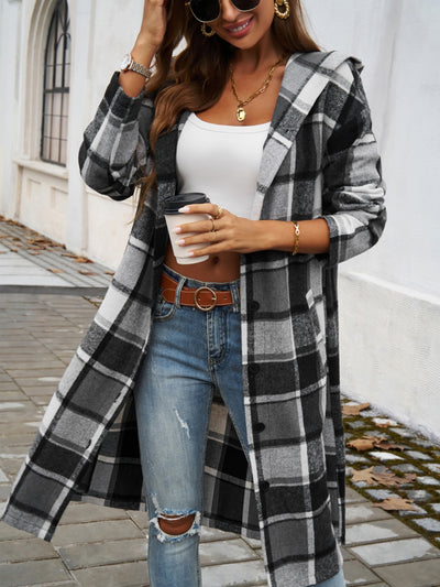 Explore More Collection - Plaid Long Sleeve Hooded Coat