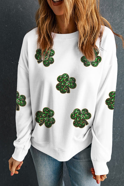 Explore More Collection - Sequin Lucky Clover Long Sleeve Sweatshirt