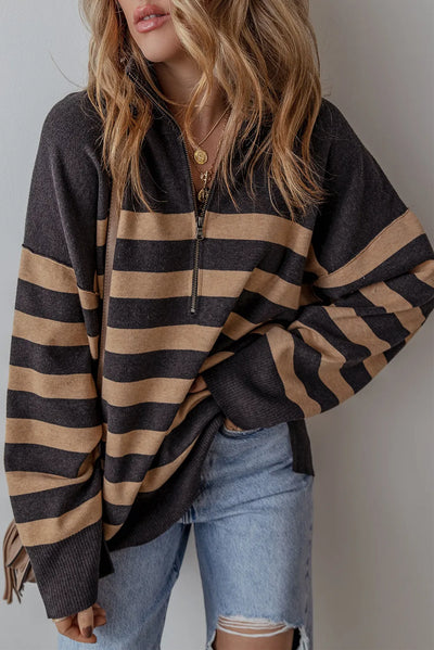 Explore More Collection - Striped Half Zip Long Sleeve Knit Top