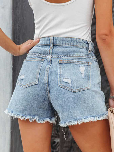 Explore More Collection - Distressed Fringe Denim Shorts with Pockets