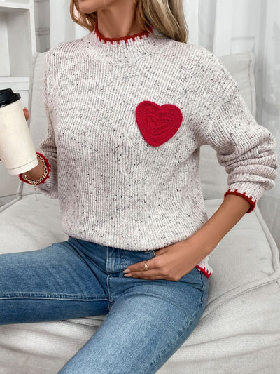 Explore More Collection - Contrast Heart Round Neck Long Sleeve Sweater