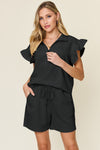 Explore More Collection - Double Take Full Size Texture Flounce Sleeve Top and Drawstring Shorts Set