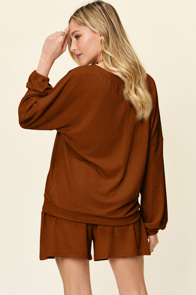 Explore More Collection - Double Take Full Size Texture V-Neck Long Sleeve T-Shirt and Shorts Set