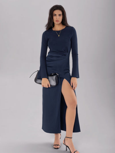 Explore More Collection - Split Round Neck Long Sleeve Midi Dress