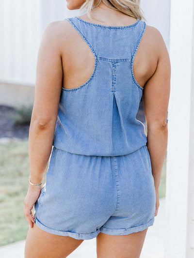 Explore More Collection - Pocketed Half Button Sleeveless Denim Romper