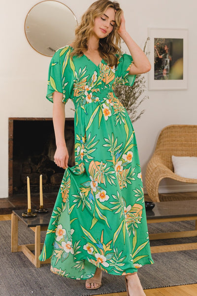 Explore More Collection - ODDI Full Size Floral Smocked Tied Back Maxi Dress