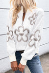 Explore More Collection - Flower Half Zip Dropped Shoulder Sweater