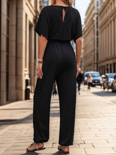 Explore More Collection - Notched Half Sleeve Straight Jumpsuit