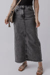 Explore More Collection - Raw Hem Midi Denim Skirt with Pockets