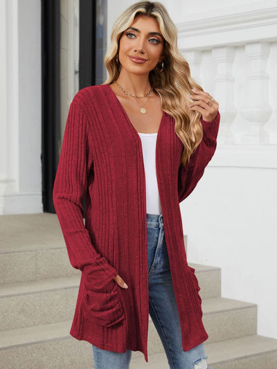 Explore More Collection - Pocketed Open Front Long Sleeve Cardigan