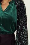 Explore More Collection - Sequin Notched Long Sleeve Blouse