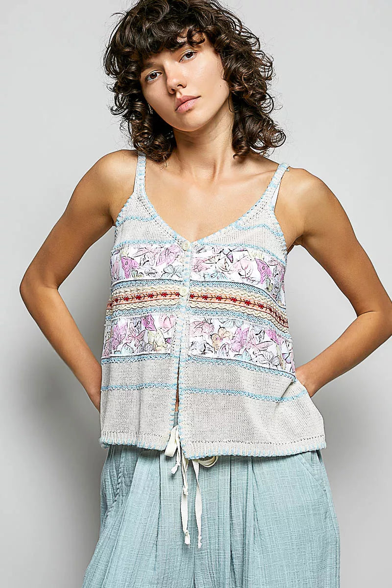 POL Printed Contrast Button Down Cami with Trim Detail and Blanket Stitch