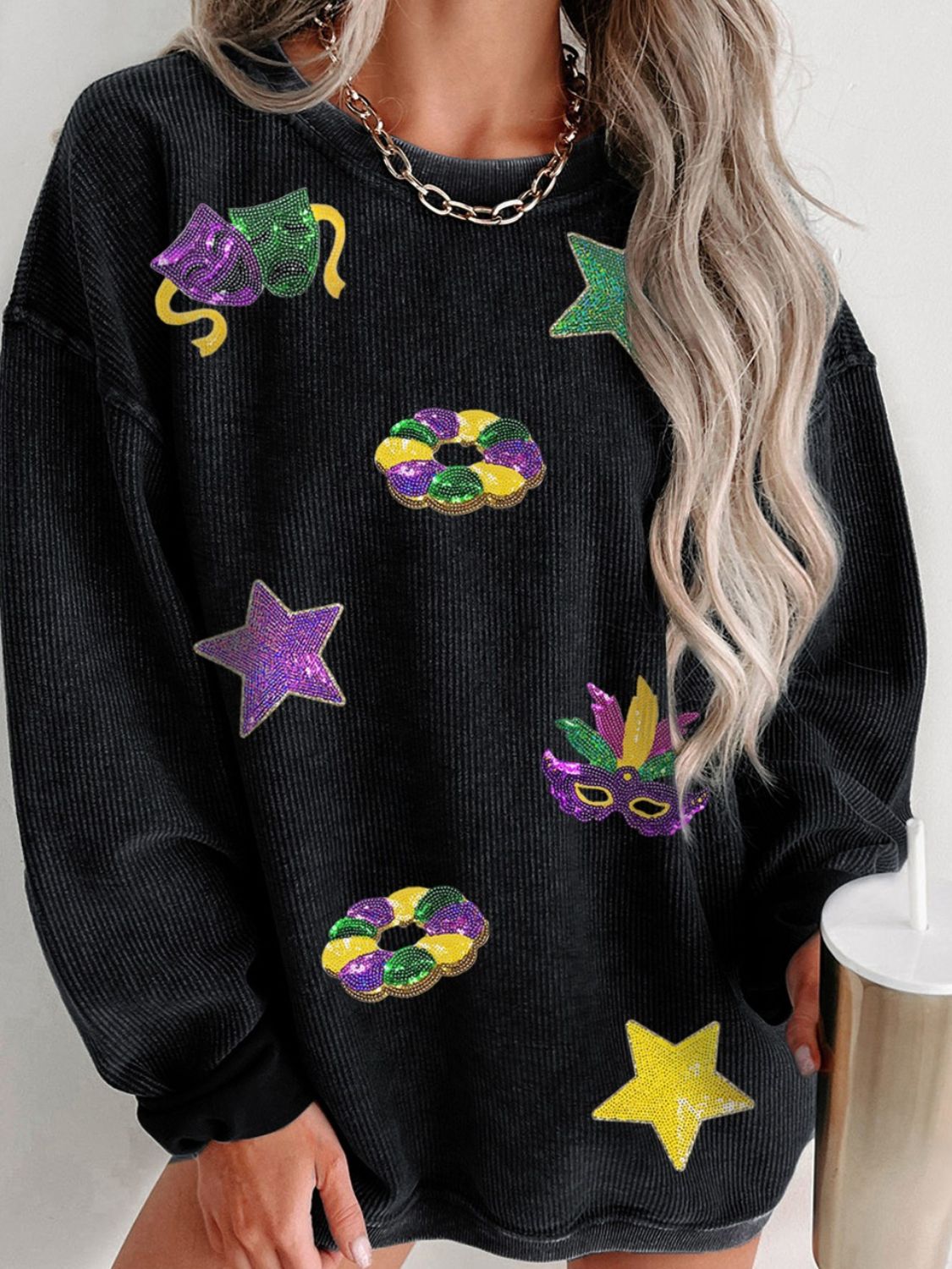 Explore More Collection - Sequin Round Neck Long Sleeve Sweatshirt