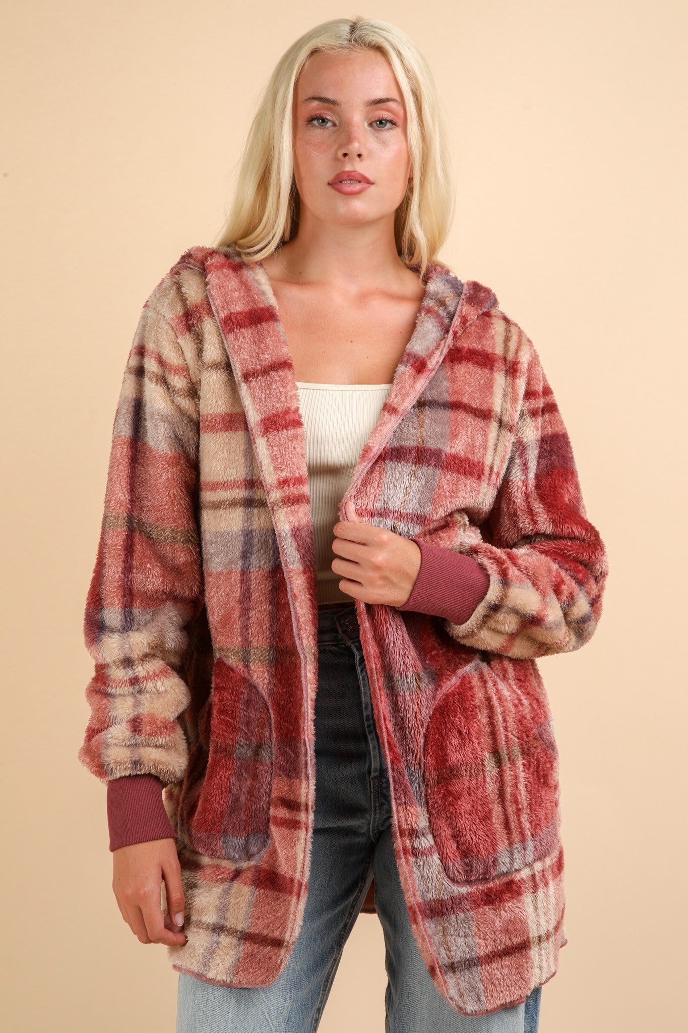 Explore More Collection - VERY J Fuzzy Plaid Long Sleeve Hooded Jacket