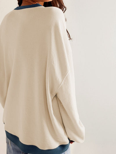 Explore More Collection - Contrast Trim Round Neck Long Sleeve Sweatshirt