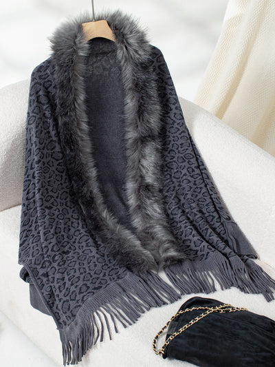 Explore More Collection - Fringe Leopard Open Front Long Sleeve Poncho