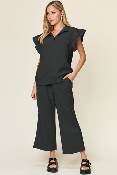 Explore More Collection - Double Take Texture Ruffle Short Sleeve Top and Drawstring Wide Leg Pants Set