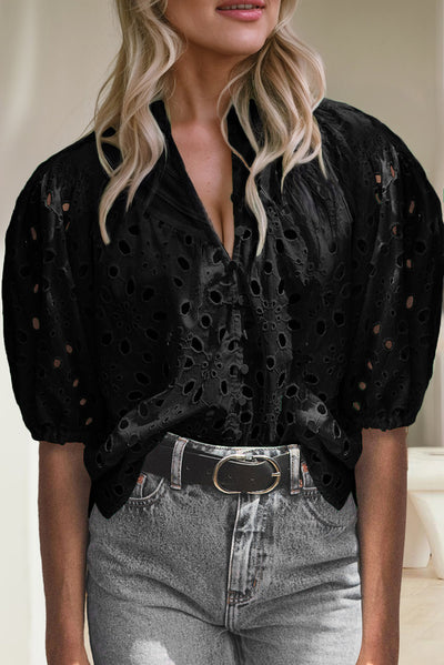 Explore More Collection - Eyelet Button Up Half Sleeve Blouse