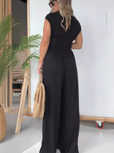 Explore More Collection - Smocked Cap Sleeve Wide Leg Jumpsuit