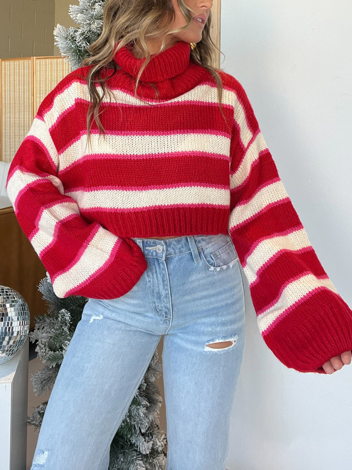 Explore More Collection - Striped Turtleneck Long Sleeve Cropped Sweater