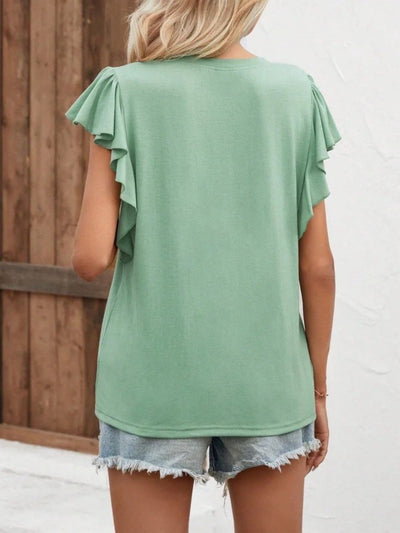 Explore More Collection - Full Size Ruffled Notched Cap Sleeve T-Shirt