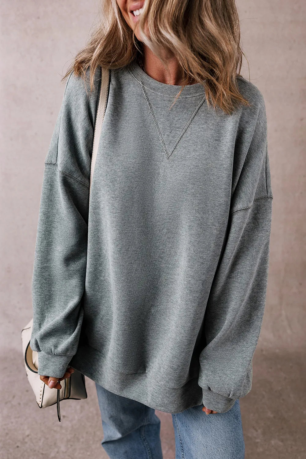 Explore More Collection - Slit Round Neck Long Sleeve Sweatshirt