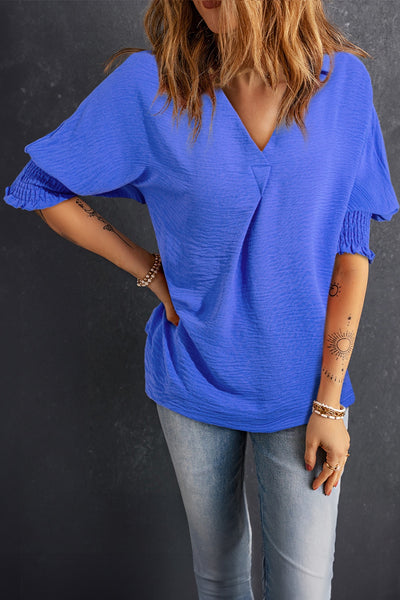 Explore More Collection - Smocked Johnny Collar Half Sleeve Blouse