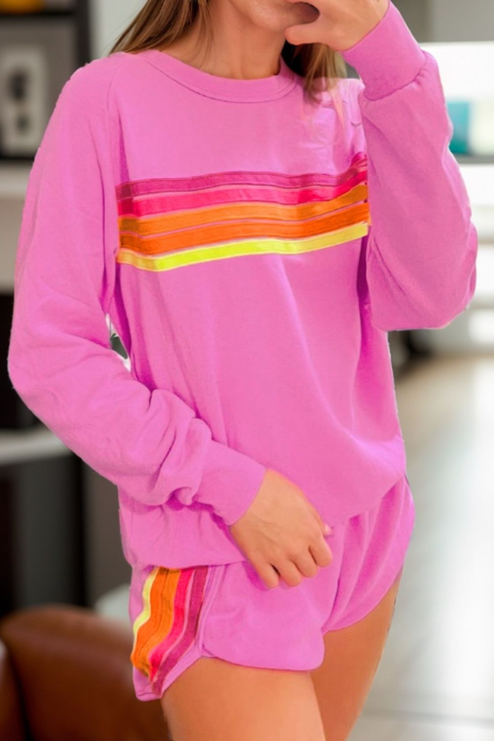 Explore More Collection Doorbuster - Full Size Contrast Striped Round Neck Top and Shorts Set