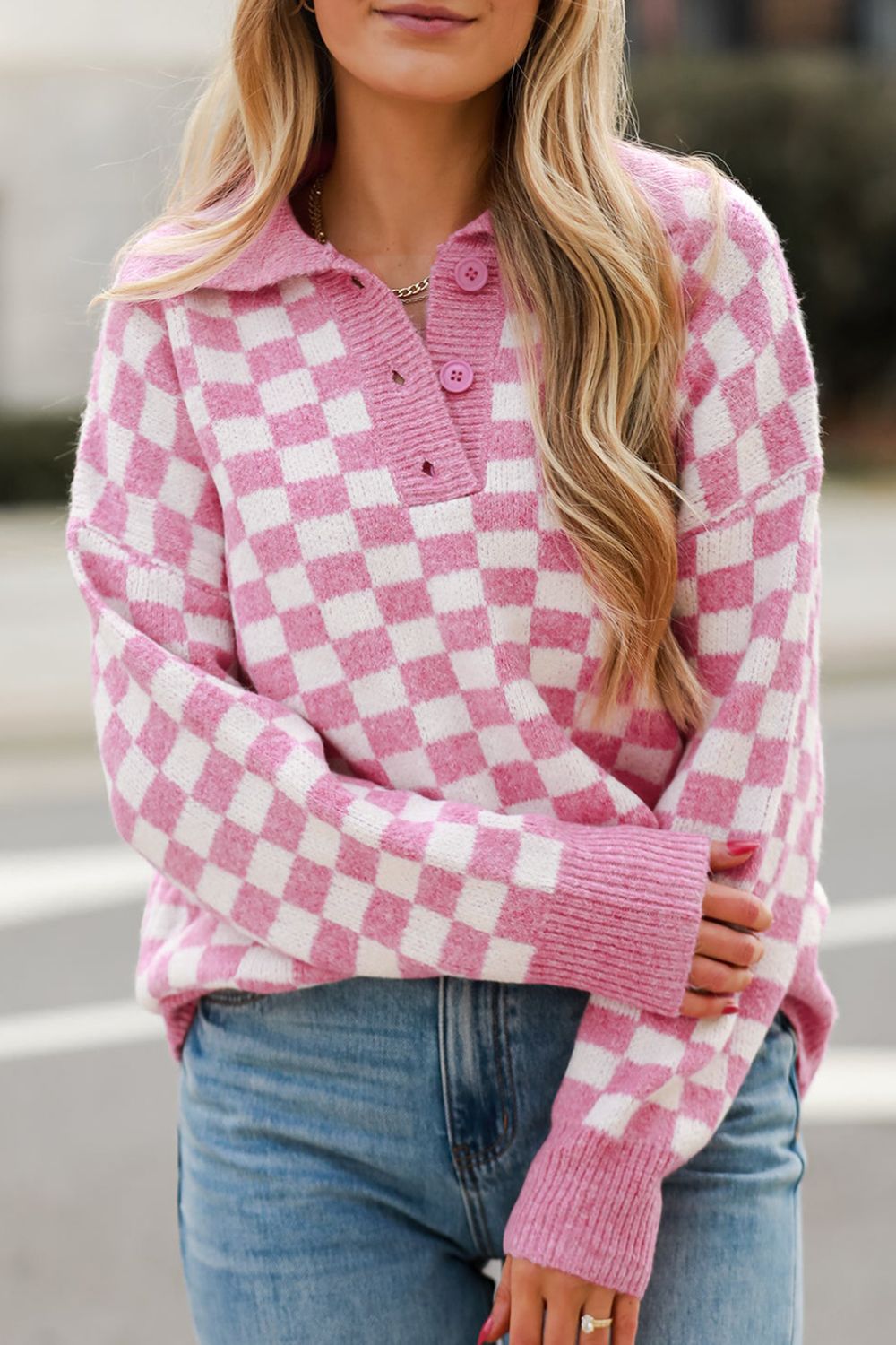 Explore More Collection - Checkered Collared Neck Long Sleeve Sweater