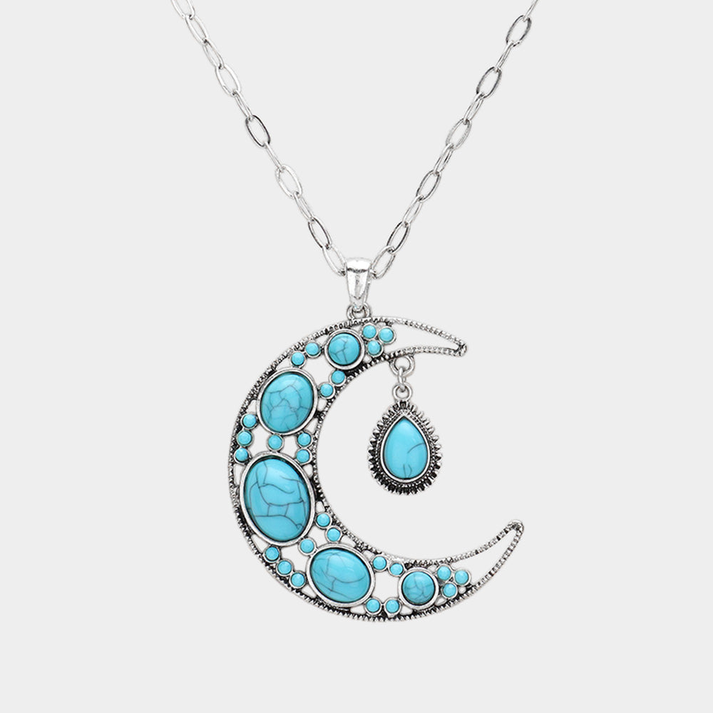 Bohemian Western Turquoise Stone Crescent Pendant Necklace