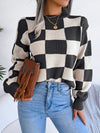 Explore More Collection - Checkered Mock Neck Long Sleeve Sweater