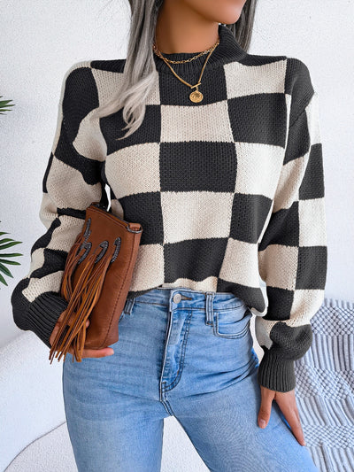 Explore More Collection - Checkered Mock Neck Long Sleeve Sweater