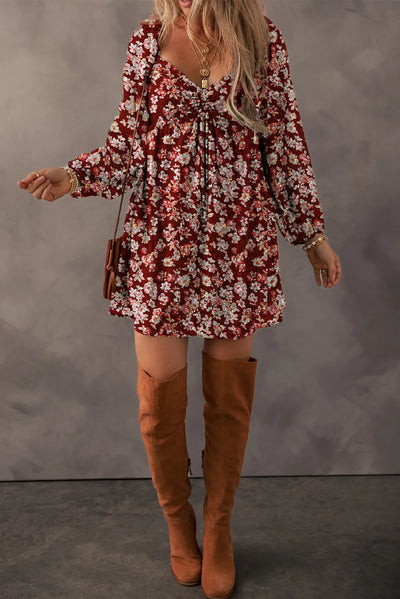 Explore More Collection - Ruched Printed Long Sleeve Mini Dress