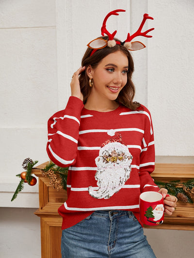 Explore More Collection - Sequin Santa Striped Round Neck Long Sleeve Sweater