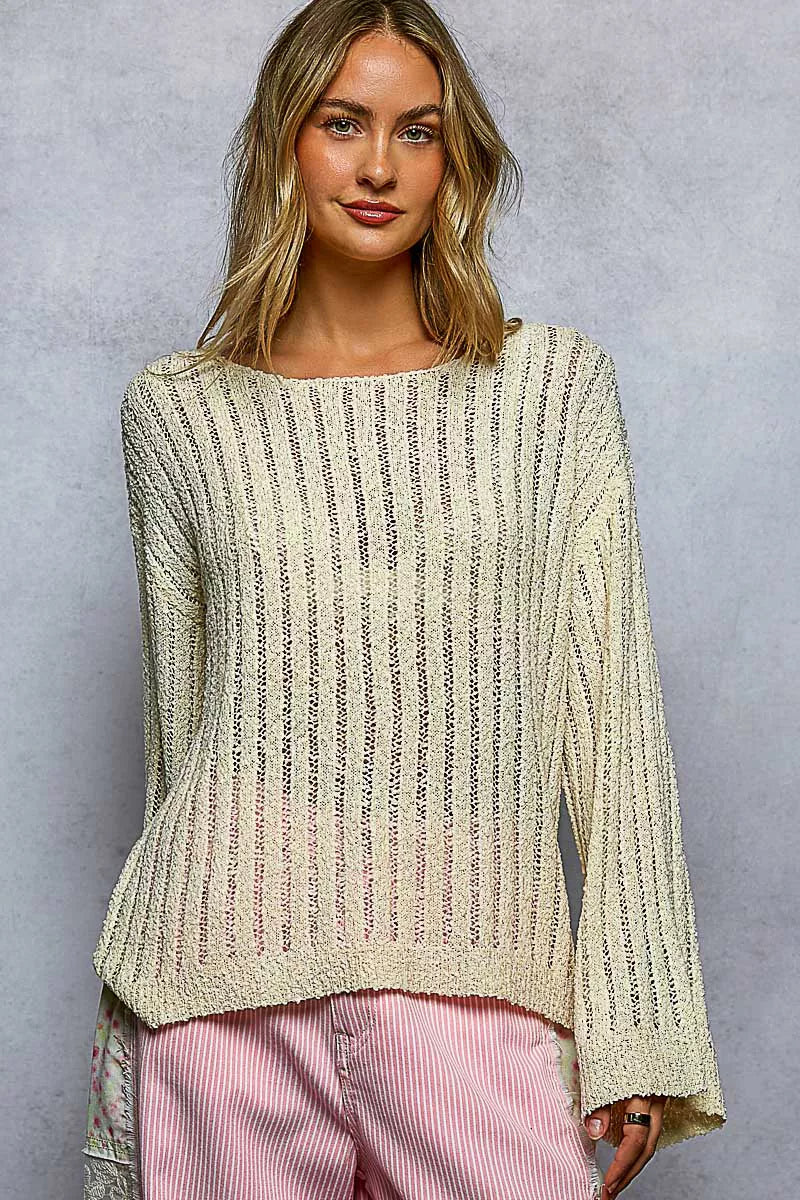 POL Round Neck Long Sleeve Open Weave Sweater