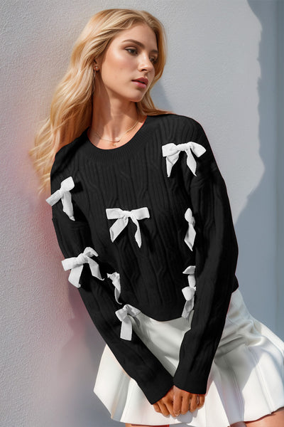 Explore More Collection - Double Take Full Size Bow Cable-Knit Round Neck Sweater