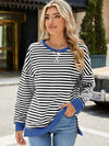 Explore More Collection - Slit Striped Round Neck Long Sleeve Sweatshirt