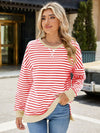 Explore More Collection - Slit Striped Round Neck Long Sleeve Sweatshirt