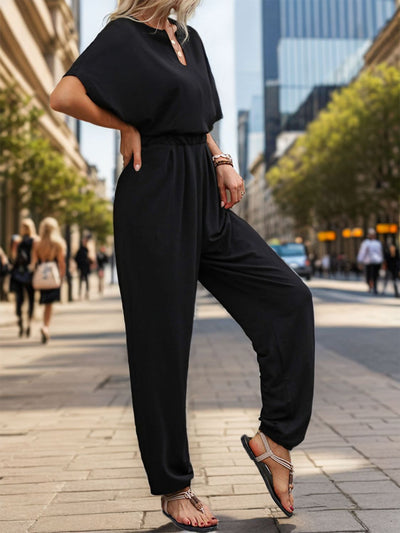 Explore More Collection - Notched Half Sleeve Straight Jumpsuit