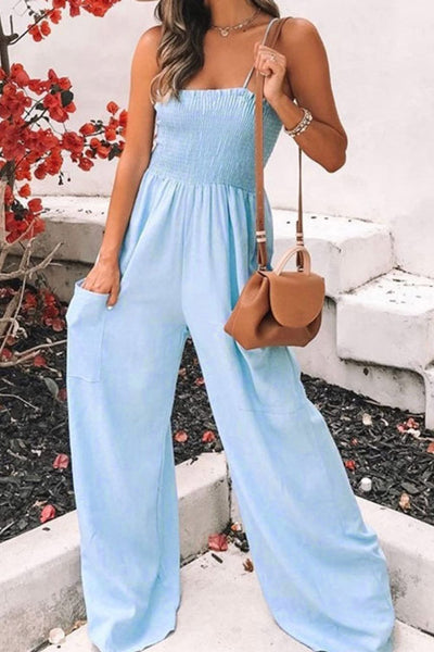 Explore More Collection - Smocked Spaghetti Strap Wide Leg Jumpsuit