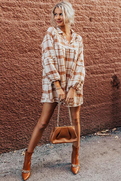 Explore More Collection - Plaid Collared Neck Long Sleeve Mini Shirt Dress