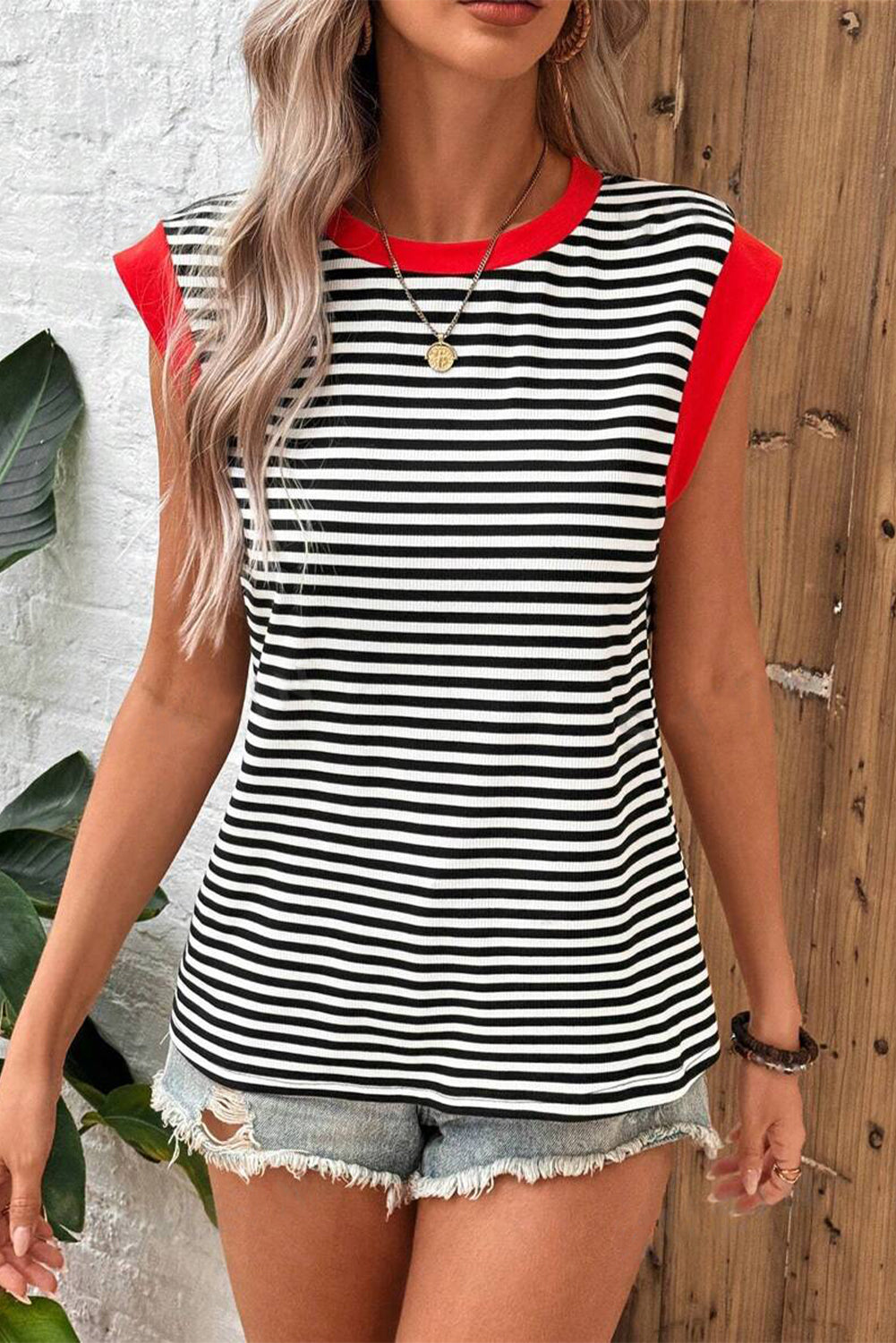 Explore More Collection - Striped Round Neck Cap Sleeve Top