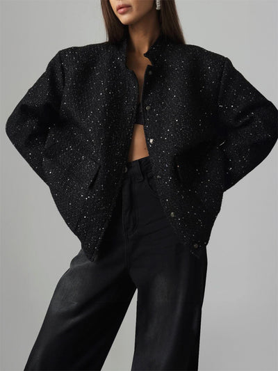 Explore More Collection - Sequin Detail Pocketed Long Sleeve Jacket